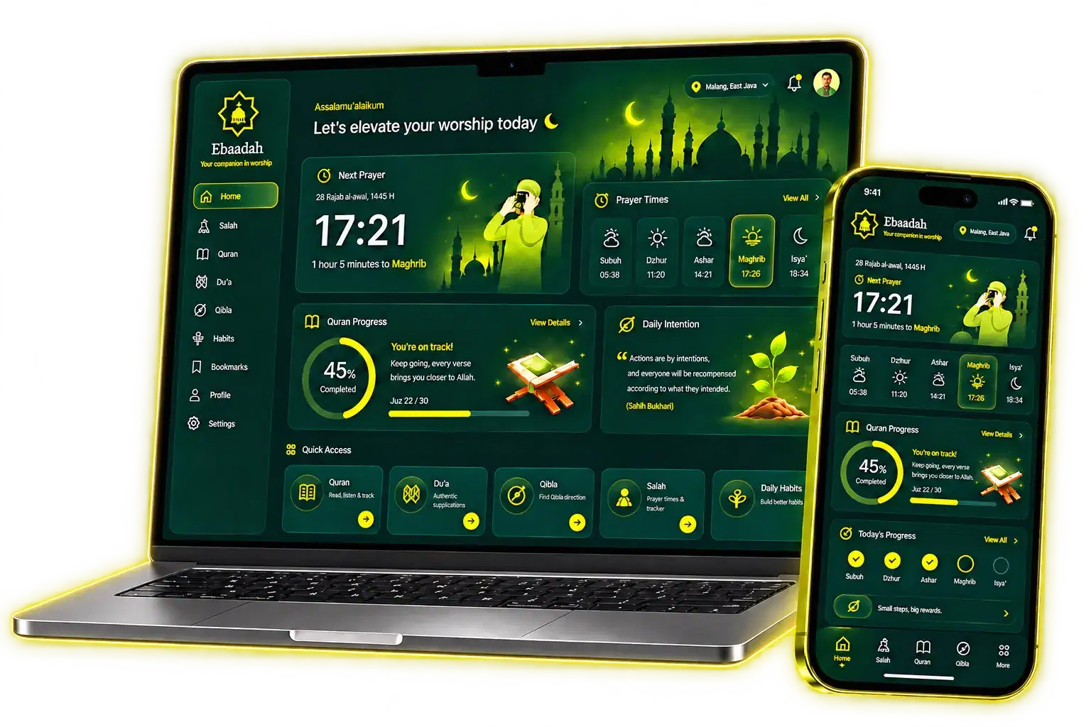 Ebaadah app preview on laptop and phone