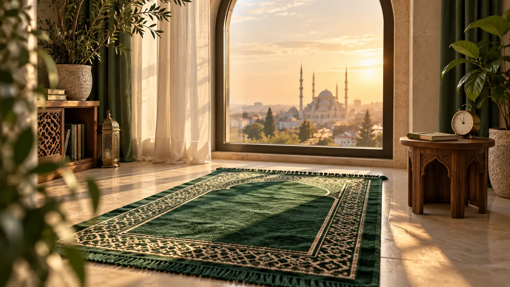 Green prayer mat beside a clock overlooking a mosque at sunrise